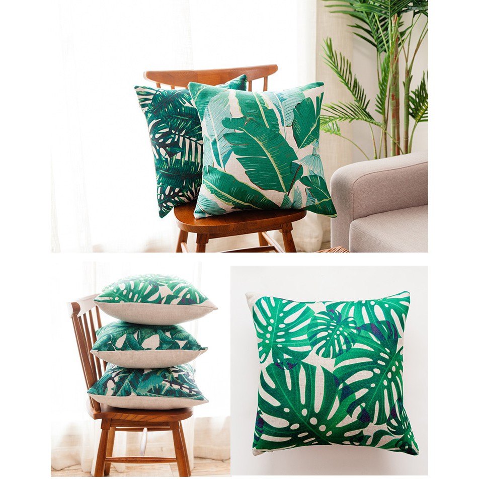 Gối tựa lưng sofa 45x45cm gối văn phòng dày dặn Nhà Xinh Decor trang trí vải bố canvas lá nhiệt đới xanh lá
