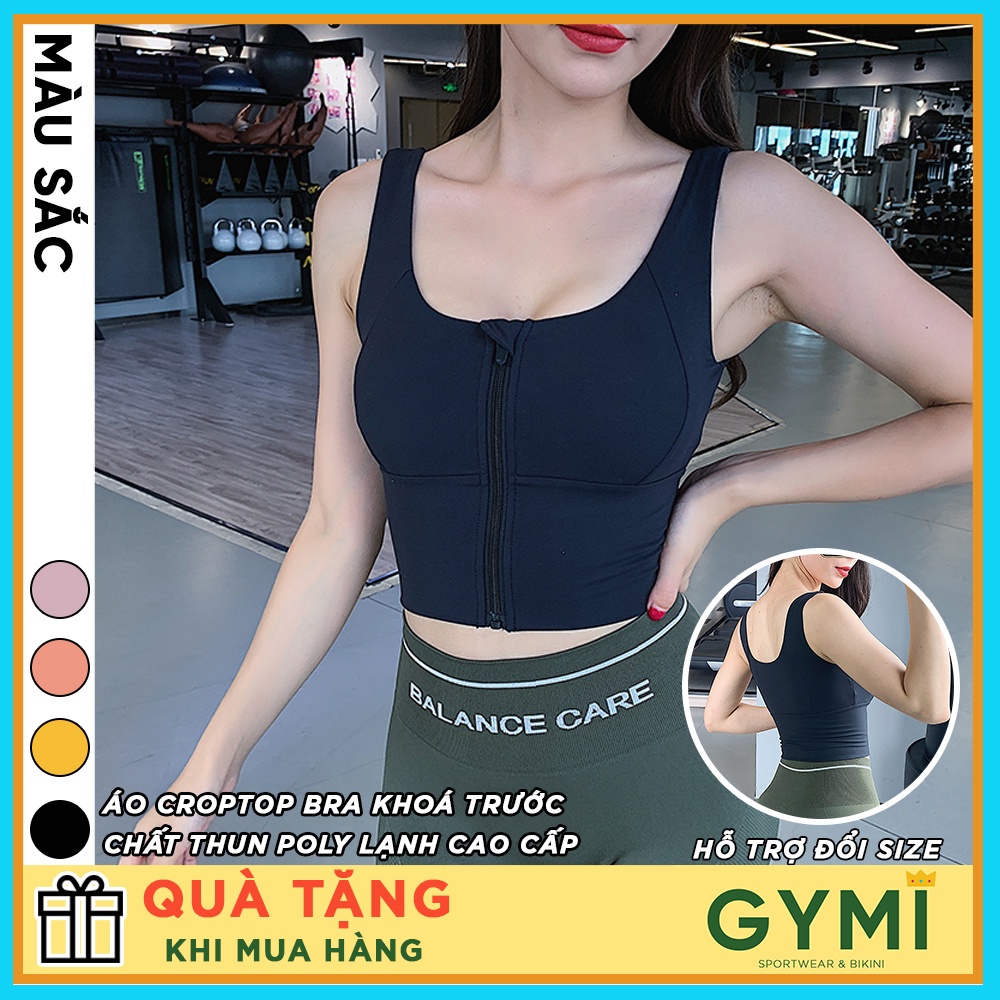 Áo bra tập gym yoga nữ GYMI AL22 dáng croptop chất thun poly cao cấp khoá kéo trước ngực có sẵn mút đệm