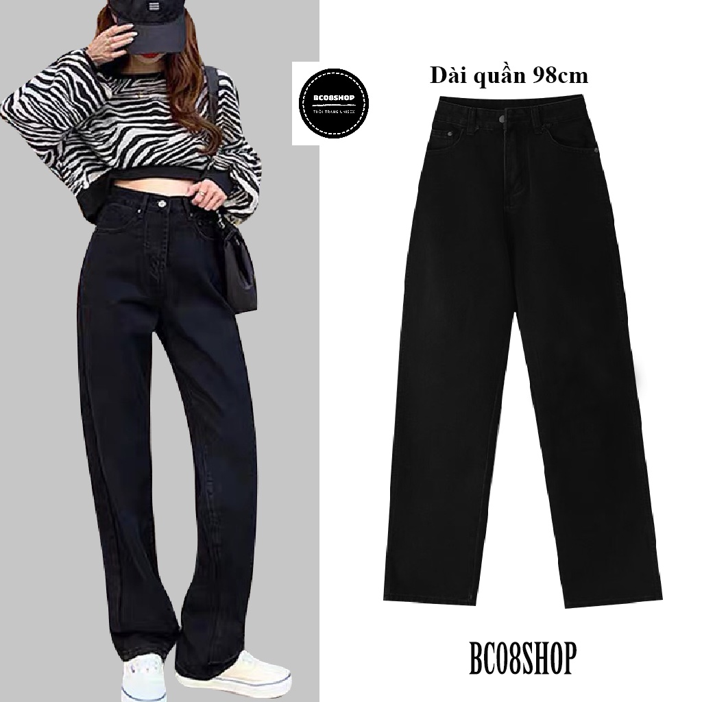 Quần jean nữ BC08 ống rộng màu đen Basic lưng cao dáng dài( size eo bé)
