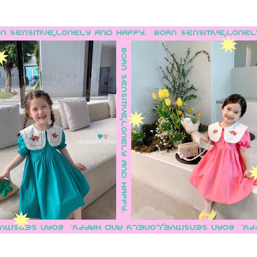 Váy thô đũi mềm 2 màu X.Dương_ hồng cho bé gái, váy baby doll Zara xuất dư thêu hoa cổ dáng tiểu thư xoè cực xinh
