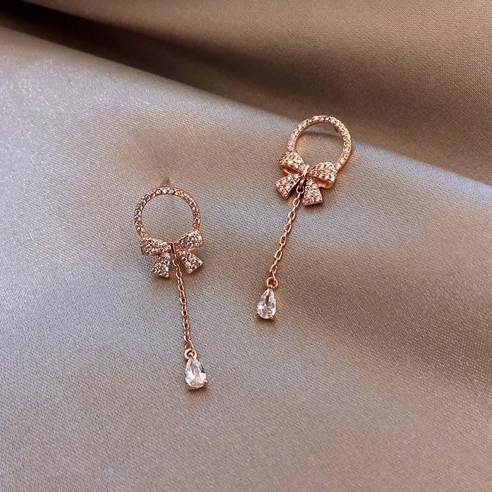 Khuyên Tai Dáng Dài Đính Đá Zircon Hình Giọt Nước Phối Nơ Tua Rua Thời Trang Hàn Quốc Thanh Lịch Cho Nữ