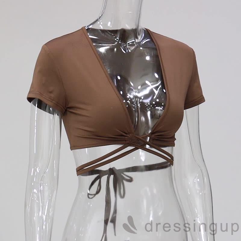 Áo Ngắn Tay Cổ Khoét Sâu Màu Sắc Trơn Thời Trang Cho Nữ