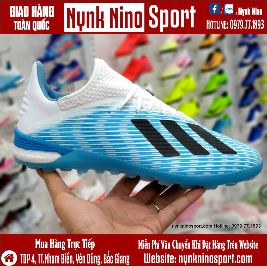 [Tặng Tất + Hộp] Giày Bóng Đá Adidas X 19.1 Xanh Biển Vạch Đen Gót Trắng TF