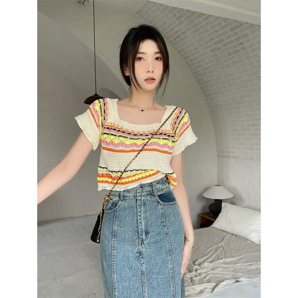 Áo Thun Croptop Dệt Kim Tay Ngắn Cổ Vuông Họa Tiết Kẻ Sọc Cầu Vồng Thời Trang Mùa Hè Mới Cho Nữ
