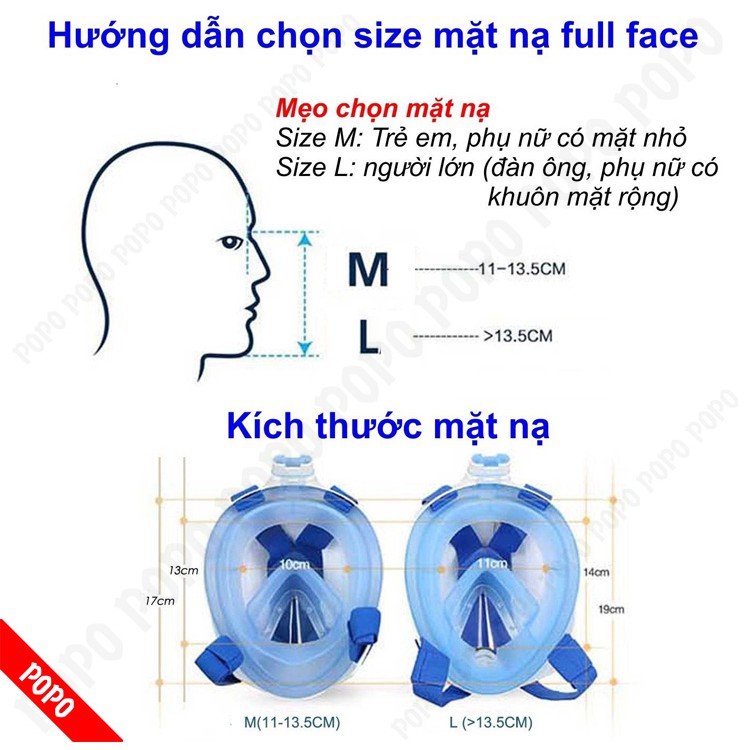 Mặt nạ lặn Full Face Size M cho người lớn, trẻ em từ 10 đến 16 tuổi mắt KÍNH CƯỜNG LỰC, kèm ống thở ngăn nước