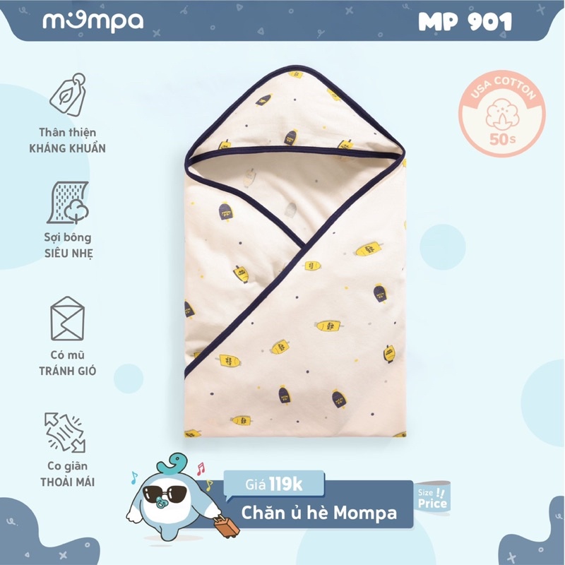 Chăn ủ hè cotton Mompa có mũ [ babyboo]