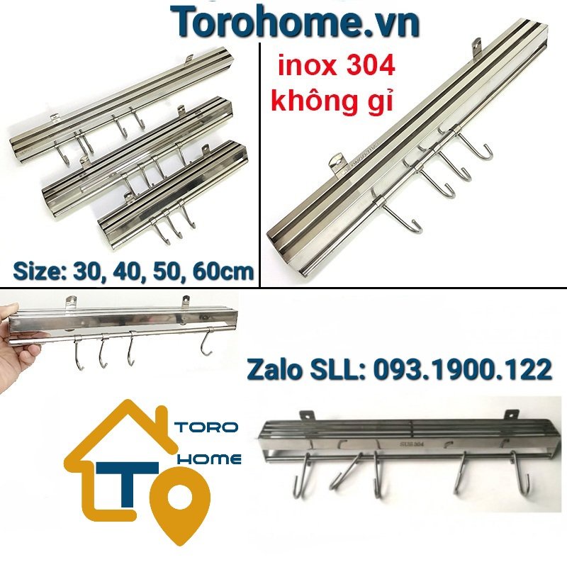 Máng dắt dao inox 304 đa năng có móc treo giá muỗng, móc treo xoong nồi, máng dao, Cam kết inox chuẩn 304