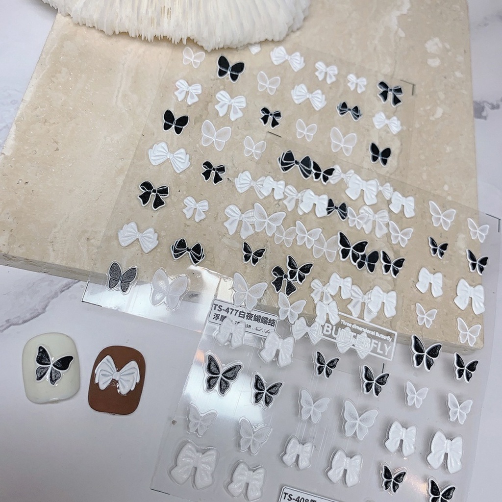 Stick nổi 9D cao cấp trắng đen mẫu nơ bướm cực thịnh hành