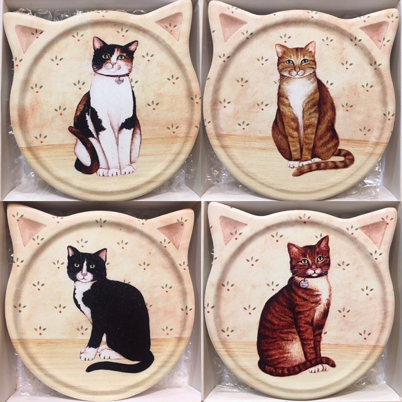 Bộ đĩa lót, khay lót cốc café mini 4 chiếc hình mèo dễ thương - Đĩa lót gốm sứ siêu nhẹ, bền đẹp-Đĩa lót trang trí