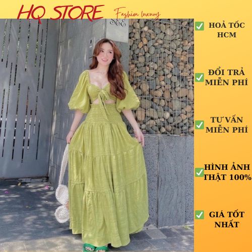 Sét maxi đi biển nhún tay bầu, áo nhúm có dây cột váy nhúm eo dáng xoè dài kèm hình thật - Maxi HQ