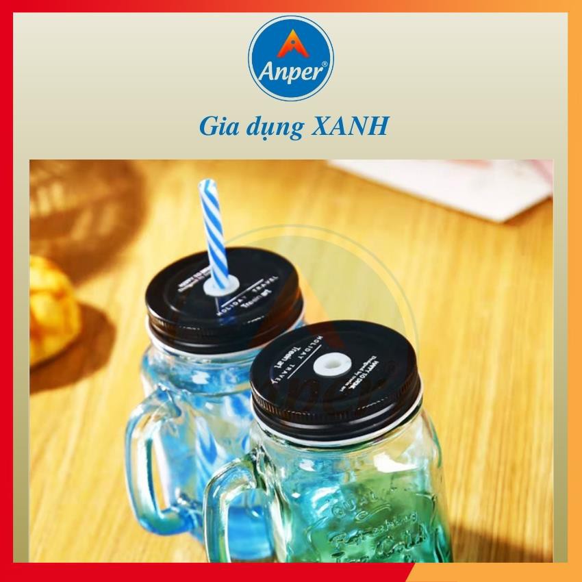 Ly Thủy Tinh Anper 450ml Có Hình Đẹp Cao Cấp Sang Trọng Cốc 4 Cạnh Dễ Thương Có Quai Có Nắp Ly Sinh Tố Đẹp !