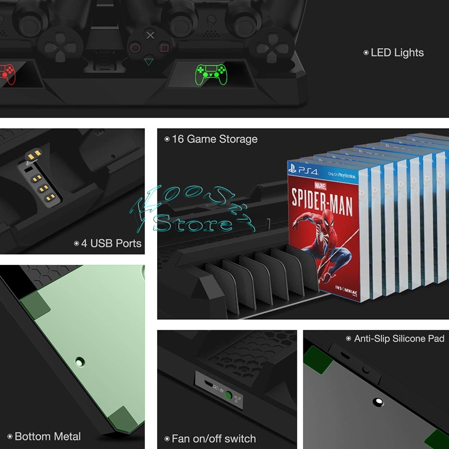 SONY Đế Sạc Đứng 16 Tay Cầm Điều Khiển Chơi Game PS4/PS4 Pro/PS4 2 Quạt Tản Nhiệt