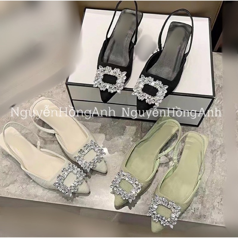 giày guốc quai hậu bít mũi hở gót đính đá chất gân gót cao 4p (FULL HỘP-hàng QC) siêu hot s199