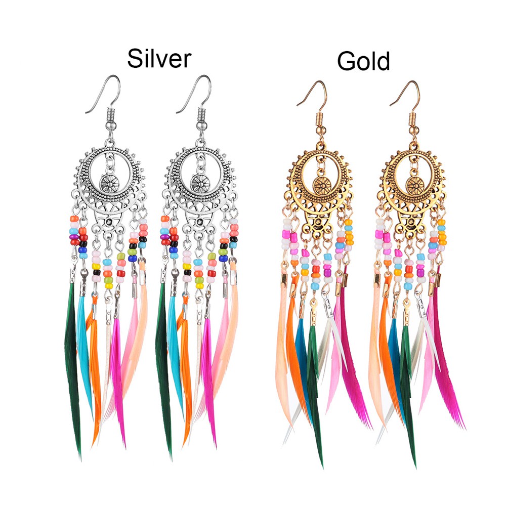 Khuyên Tai Trang Sức Dành Cho Nữ|Khuyên Tai Dáng Dài Phối Lông Vũ Nhiều Màu Sắc Phong Cách Boho Cổ Điển