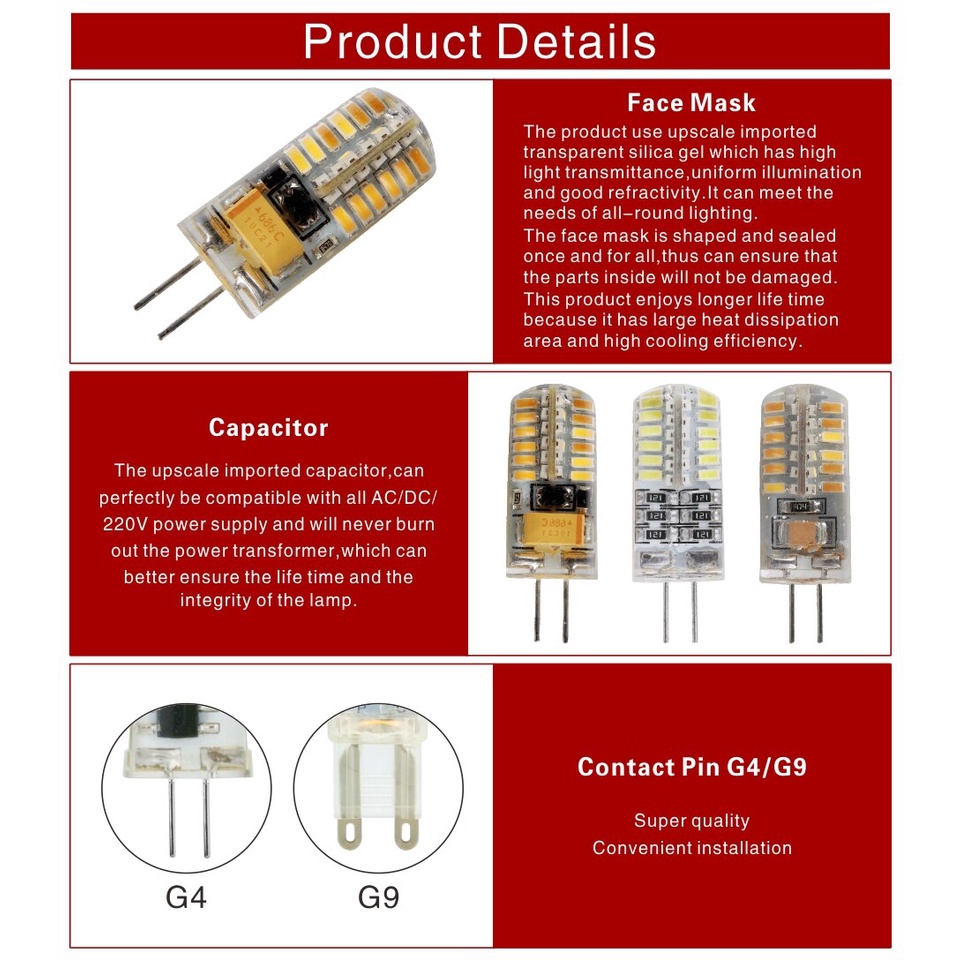 Bóng Đèn LED Halogen G4 G9 12V 220V AC DC 1w 2w 3w 4w 5w 6w 40w 60w 360 Độ Chất Lượng Cao