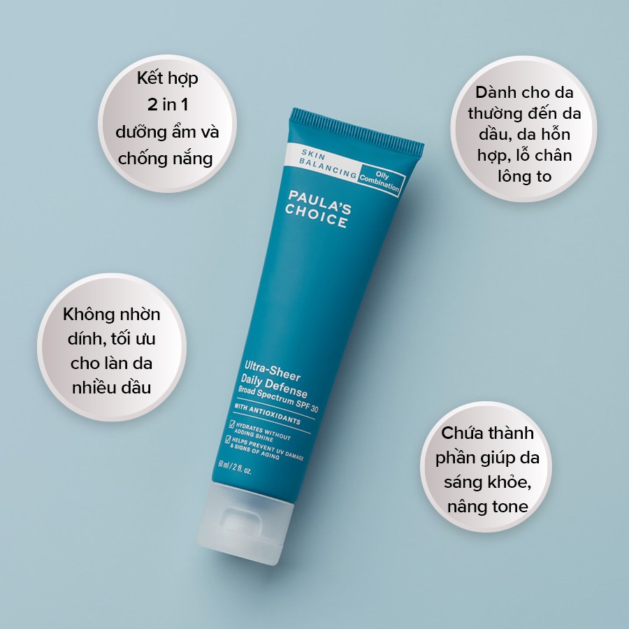 Kem Chống Nắng Cân Bằng Tiết Dầu Thừa Paula'S Choice Skin Balancing Ultra-Sheer Daily Defence Broad Spectrum Spf 30 60Ml