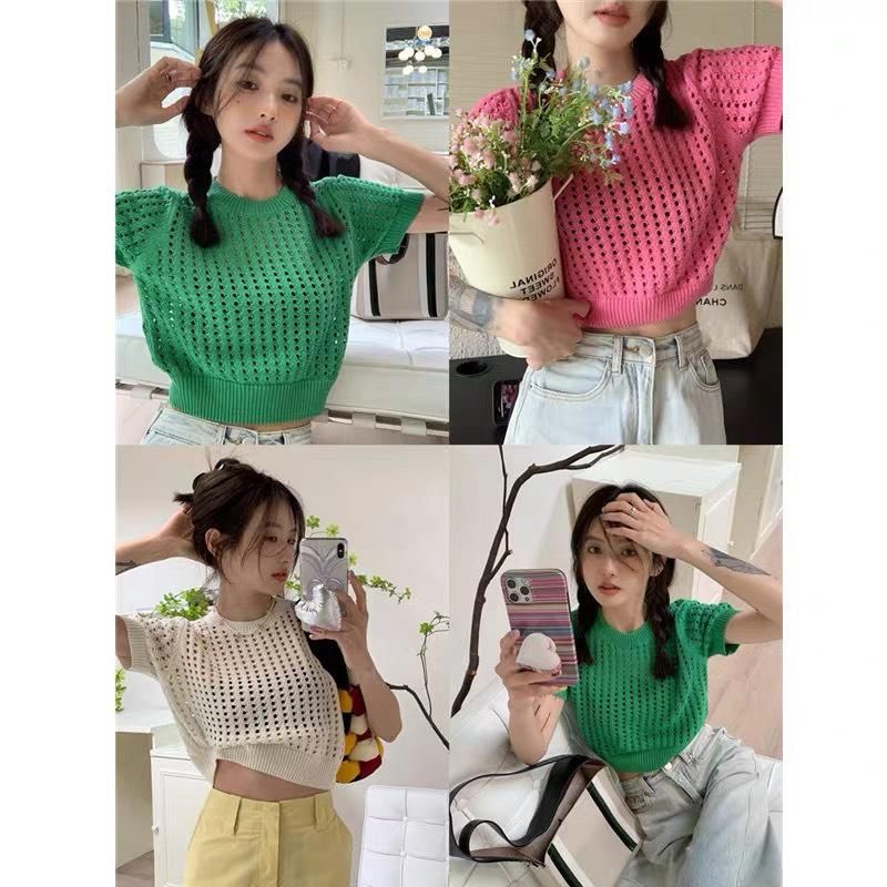 Áo lưới màu Quảng châu cổ tròn bo