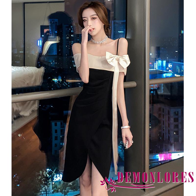 DEMQ-Women Sling Dress Patchwork Off-Shoulder Long Ribbon Bow Hip Dress, Ladies Summer Slim Korean Style Long Outfits