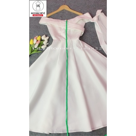 ĐẦM XOÈ MẶC CƯỚI BẸT VAI KÈM LÚP NƠ LƯỚI CÀI TÓC full size S/M/L/Xl