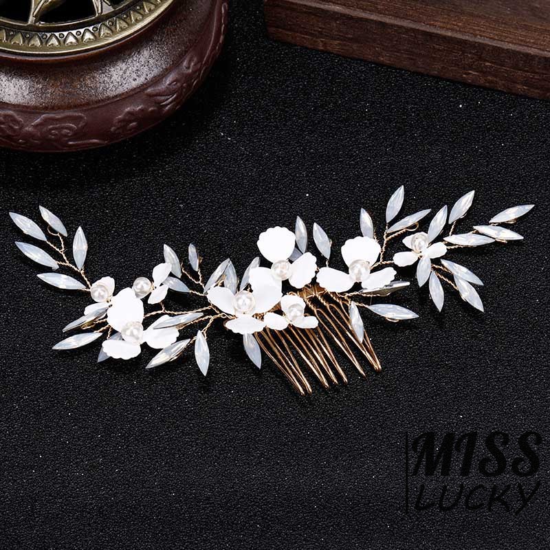 ❤HHN-VN White Leaf Flower Gold Hair Comb Pearl Bridal Hair Jewelry Handmade Wedding Accessories Wome