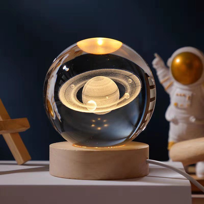 Đèn Ngủ Để Bàn Quả Cầu Pha Lê Vũ Trụ 3D Phát Sáng Hệ Mặt Trời, Sao Thổ, Galaxy Decor Bàn Học, Bàn Làm Việc
