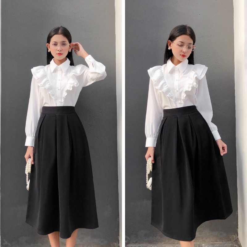 Áo sơ mi trắng nữ cổ bèo 2 tầng kiểu tay bồng tiểu thư form rộng vải thô mềm nút ngọc đi chơi đi làm trẻ trung ASM05