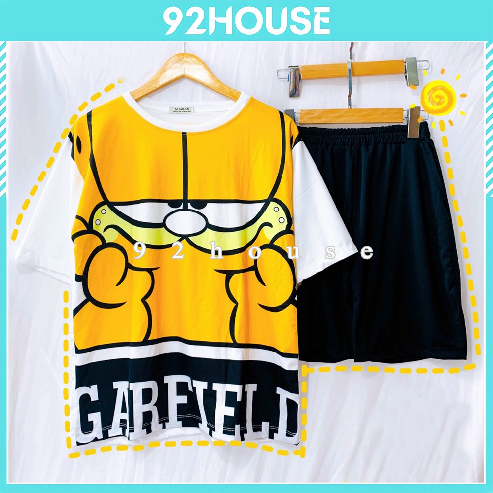 Bộ đồ hoạt hình mèo vàng unisex form rộng tay lỡ