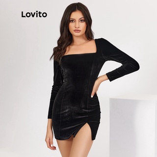 Đầm Lovito cổ vuông xẻ tà màu trơn phong cách thường ngày L18X204 (Màu đen)