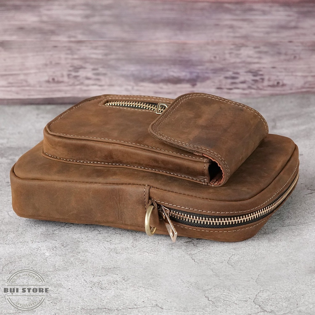 Túi đeo chéo da bò nguyên miếng Handmade, Túi bao tử nam nữ da bò sáp ngựa điên BH da 10 năm - Bụi Store