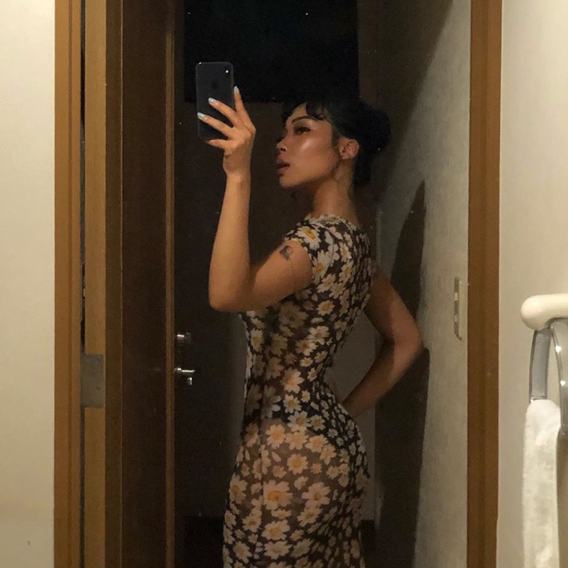 Đầm WEANIA tay ngắn phối lưới hoạ tiết in thiết kế gợi cảm cho nữ