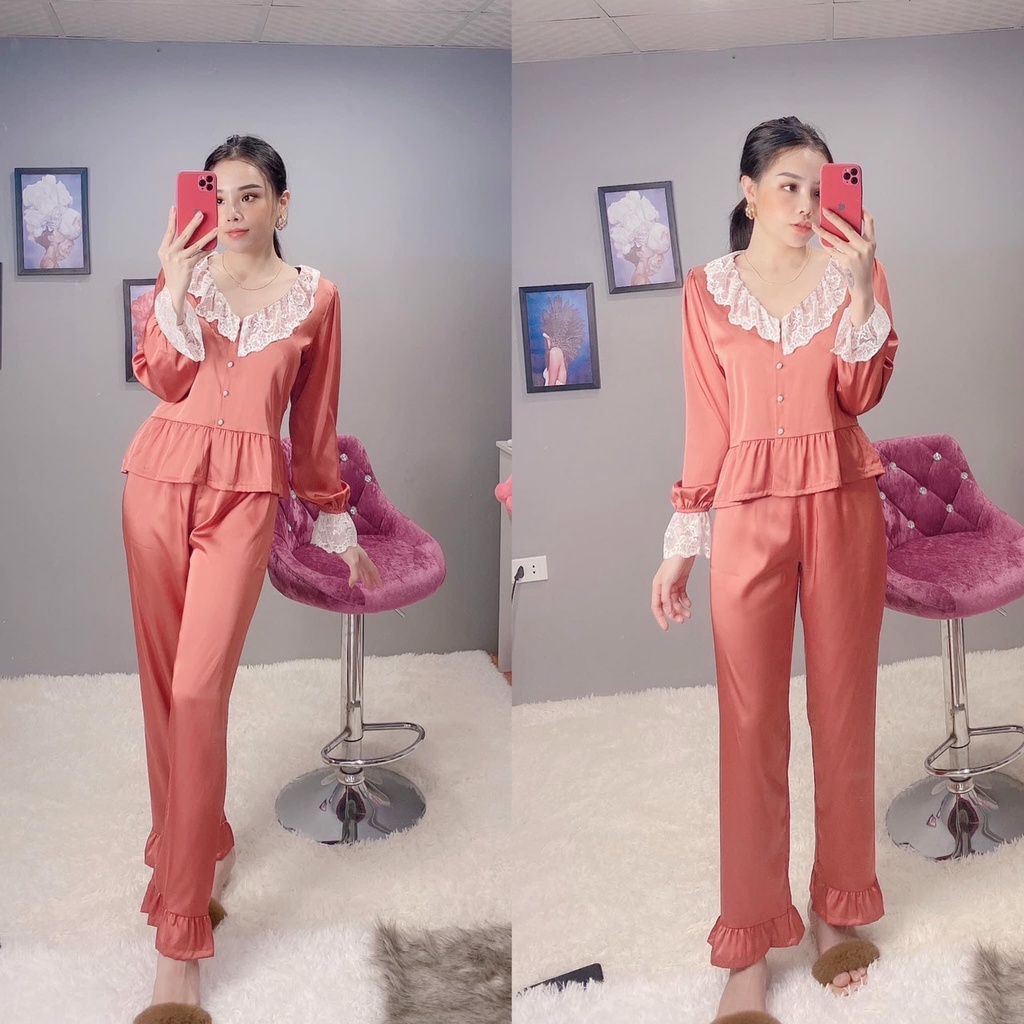 BỘ NGỦ DÀI TAY TIỂU THƯ BÁNH BÈO  - BỘ MẶC NHÀ QUẢNG CHÂU CAO CẤP - THIẾT KẾ REN SANG CHẢNH CE60 | BigBuy360 - bigbuy360.vn
