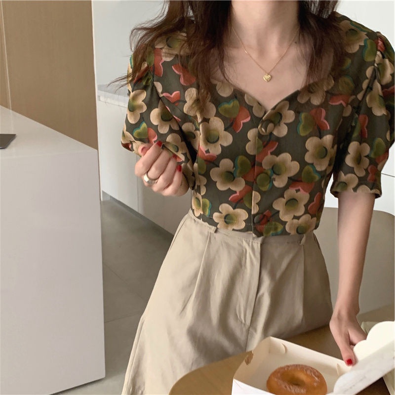 Áo Kiểu Cổ Vuông Họa Tiết Hoa Mùa Hè Phong Cách Mới Cho Nữ