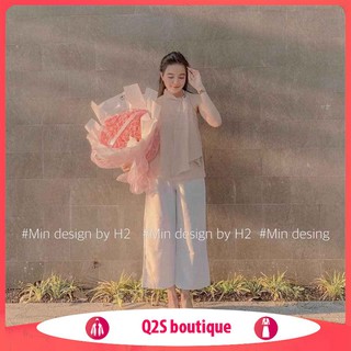 Set áo cổ tàu buộc nơ hồng chất voan lụa phối quần cullotes ống rộng màu trắng hot