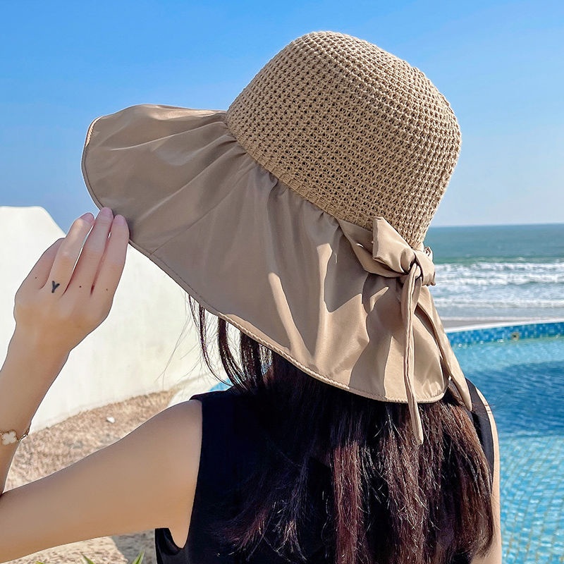 Mũ Cói Rộng Vành Che Nắng Đính Nơ Keo Đen Chống Tia UV Thời Trang Mùa Hè Cho Nữ