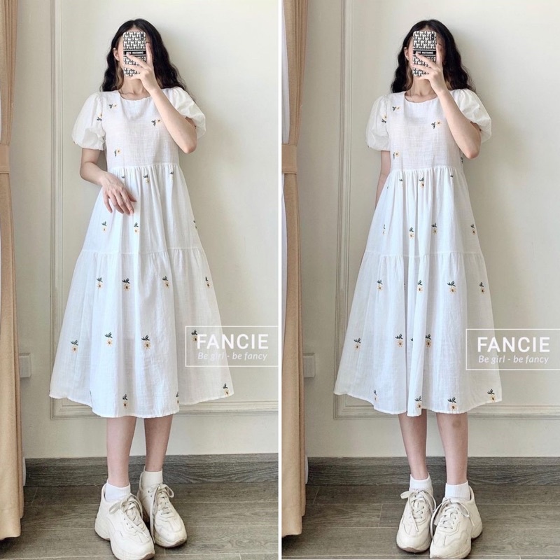 Váy babydoll trắng hoa cúc thắt dây eo 2 mẫu / Đầm suông hoa nhí cộc tay (Ảnh thật ở cuối) | BigBuy360 - bigbuy360.vn
