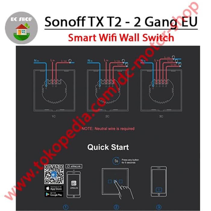 Công Tắc Cảm Ứng Thông Minh Sonoff Touch Tx T2 Eu-2gang Wifi & Rf 433mhz
