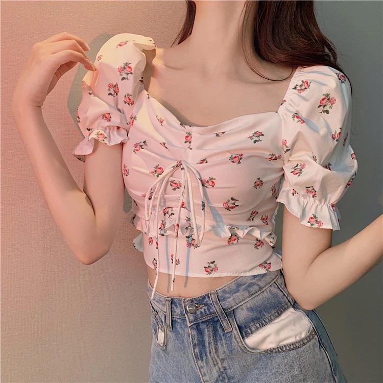 【Timi】Áo crop top  Mới Phong Cách Hàn Quốc Clavicle Tether Puff Tay