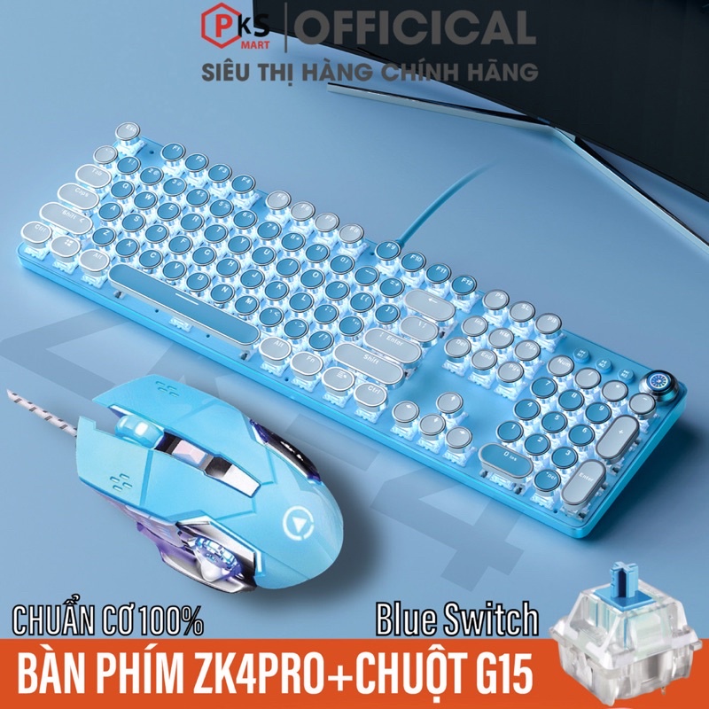 COMBO Bàn Phím Chuột Cơ Chơi Game Làm Việc Máy Tính Laptop YINOIAO ZK4PRO G15 LED 12 Chế Độ Mix Màu Xanh Trắng Rất Đẹp