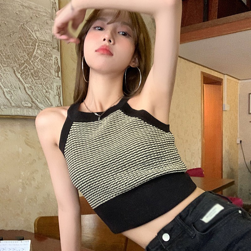 Áo Tank Top Dệt Kim Hoạ Tiết Kẻ Sọc Thiết Kế Ôm Sát Tôn Dáng