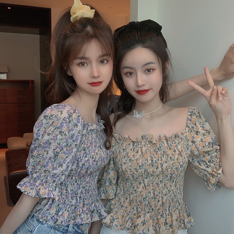 Áo Kiểu Trễ Vai Tay Ngắn Hoạ Tiết Hoa Phong Cách Hàn Quốc