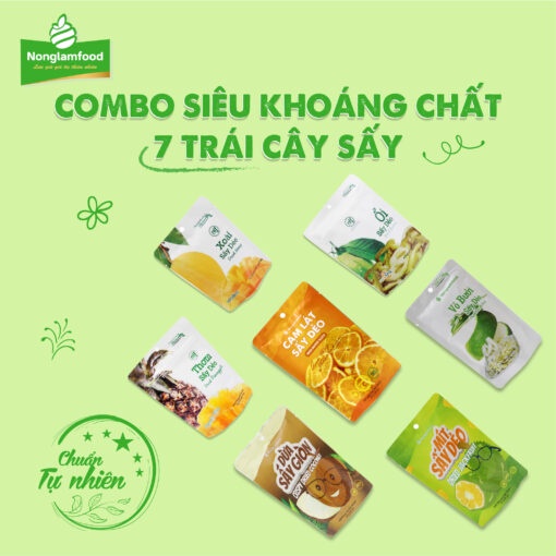 Combo 7 loại trái cây,Mít Sấy dẻo,Cam lát sấy dẻo,Dừa Sấy Giòn, Vỏ Bưởi sấy dẻo, Xoài Sấy Dẻo, Ổi sấy dẻo, Thơm sấy dẻo