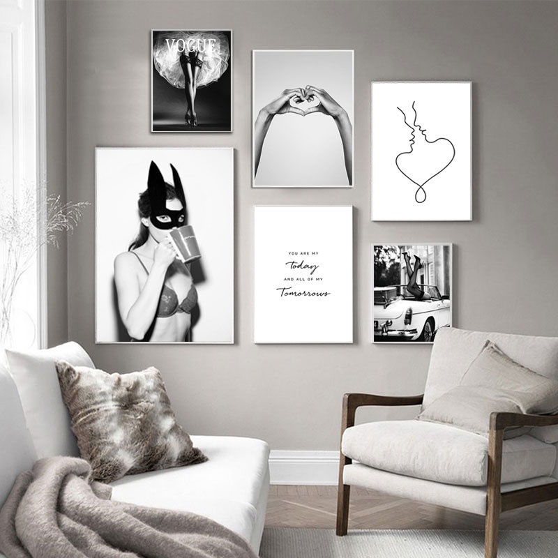 Tranh vải canvas treo tường in hình cô gái màu trắng đen trang trí phòng khách