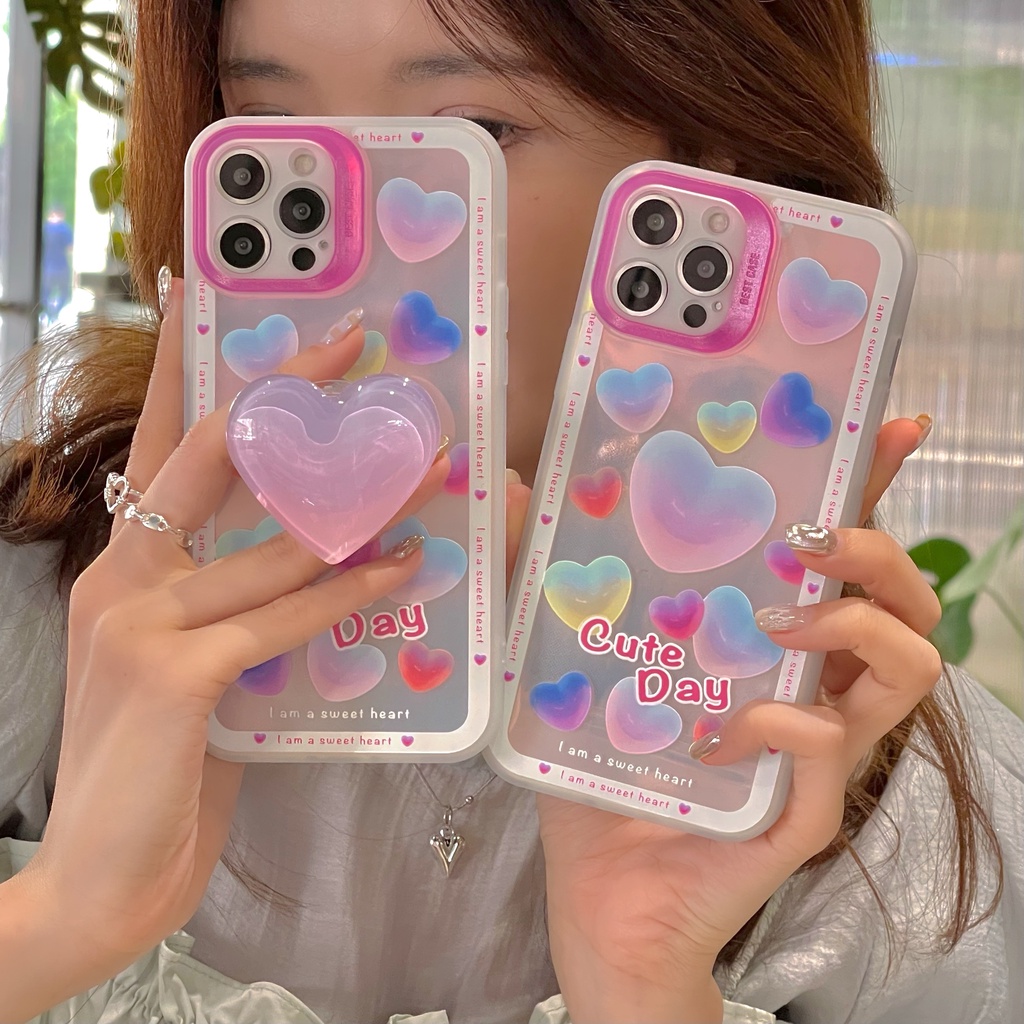 Ốp Điện Thoại Bảo Vệ Toàn Diện Chống Sốc Màu Laser Kèm Giá Đỡ Hình Trái Tim Dành Cho Iphone