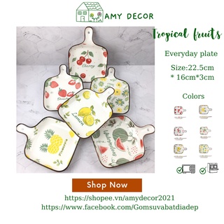 Đĩa vuông có tay cầm, đĩa decor hình Dứa chanh, dâu, dưa hấu, cherry, hoa cúc siêu xinh