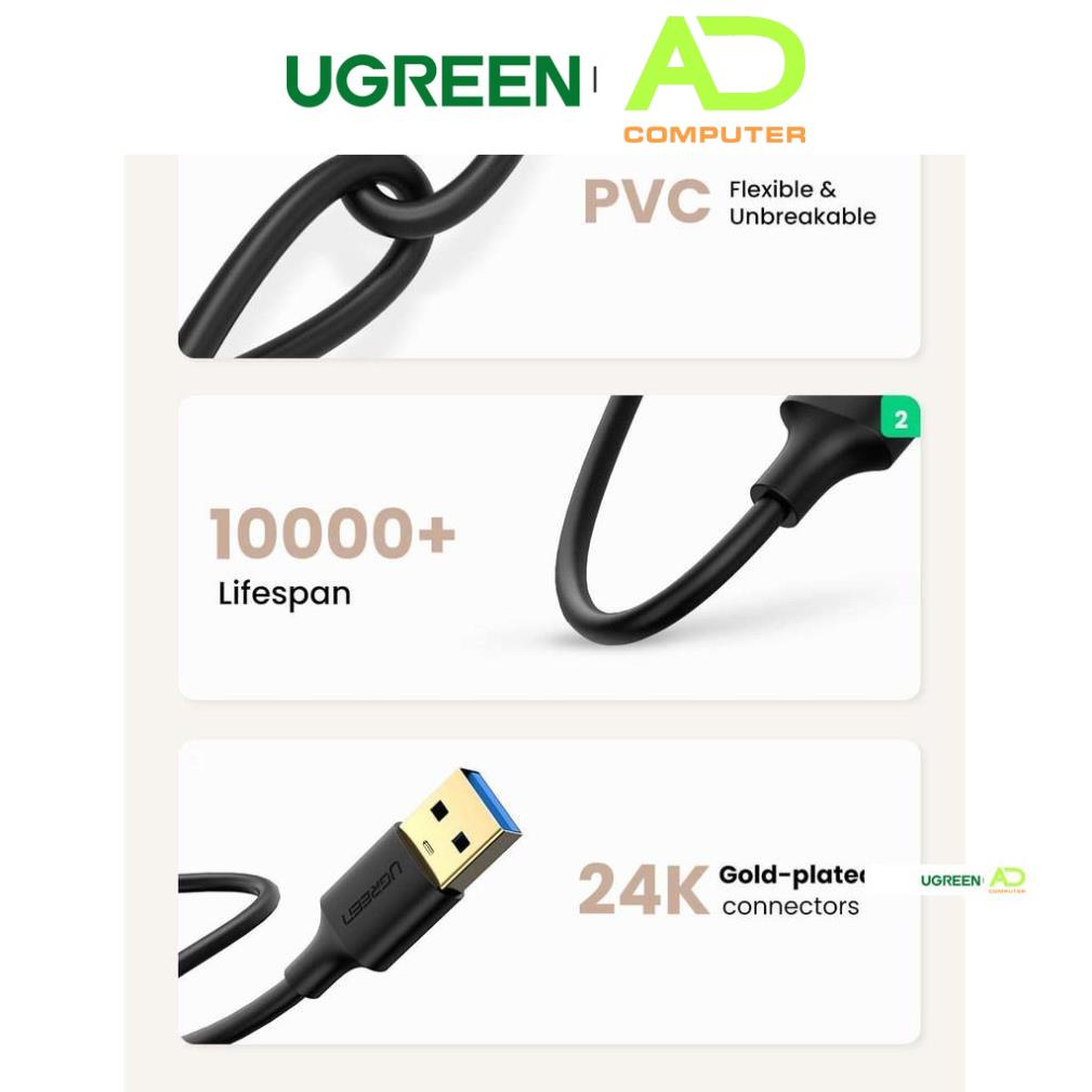 Dây USB 3.0 đực sang đực mạ vàng, dây dạng tròn, độ dài từ 0.5-2m UGREEN US128