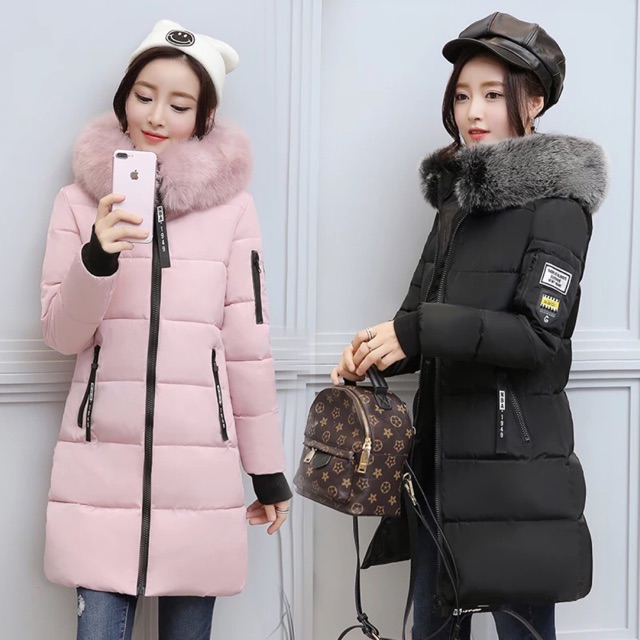 Áo phao dáng dài mũ lông siêu ấm