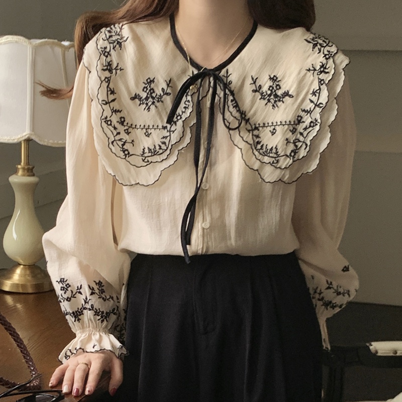 Áo Sơ Mi Nữ Dài Tay Thêu Hoa Phong Cách Hàn Quốc Baju Baju Wanita Lengan Panjang Hàng Mới Có Sẵn