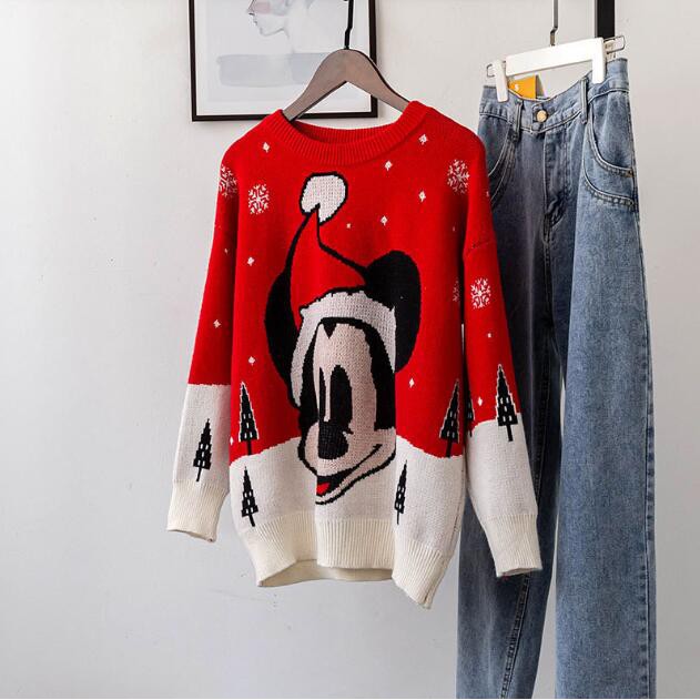 Áo sweater cổ tròn hoạ tiết chuột Mickey phong cách Giáng Sinh