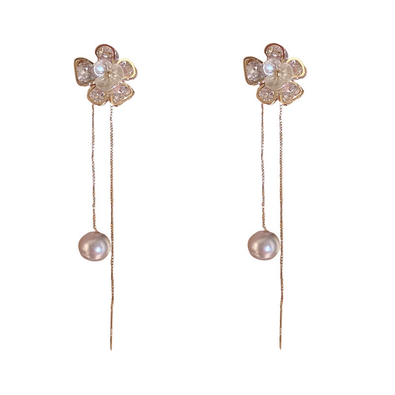 Khuyên Tai Tua Rua Thiết Kế Hình Hoa Đính Ngọc Trai Zircon Màu Đỏ Mới