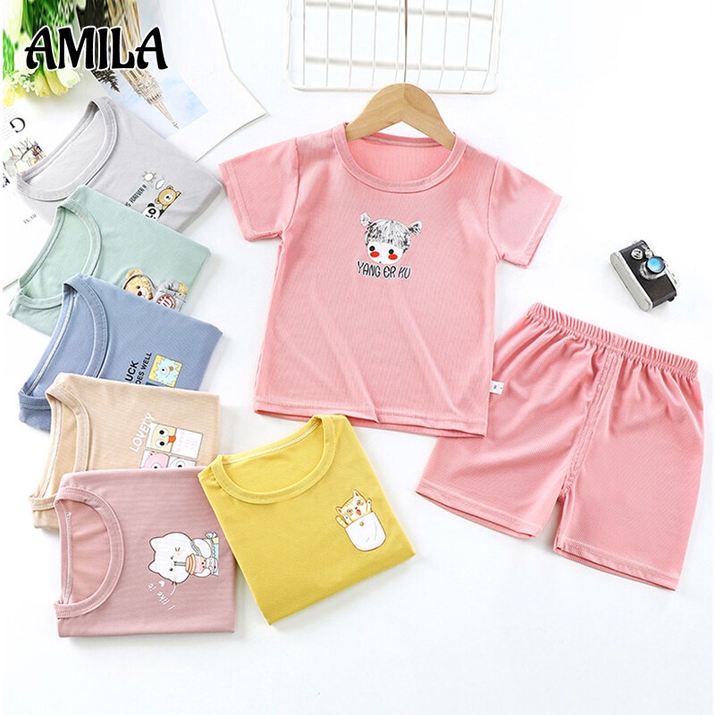 Set đồ AMILA gồm áo thun ngắn tay cổ tròn và quần short thời trang cho bé gái